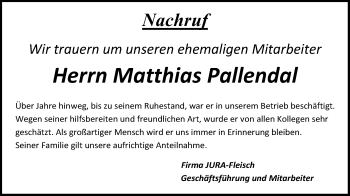 Traueranzeige von Matthias Pallendal von Neumarkter Nachrichten Lokal