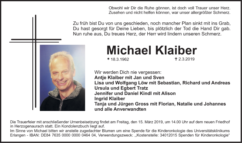  Traueranzeige für Michael Klaiber vom 09.03.2019 aus Nordbayerische Nachrichten Herzogenaurach Lokal