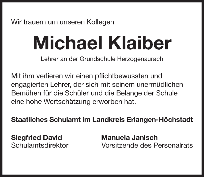  Traueranzeige für Michael Klaiber vom 11.03.2019 aus Erlanger Nachrichten Lokal