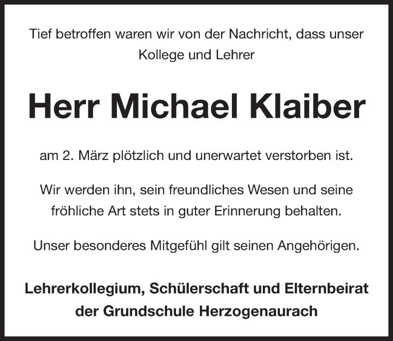  Traueranzeige für Michael Klaiber vom 09.03.2019 aus Nordbayerische Nachrichten Herzogenaurach Lokal