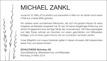 Traueranzeige von Michael Zankl von Gesamtausgabe Nürnberger Nachrichten/ Nürnberger Ztg.