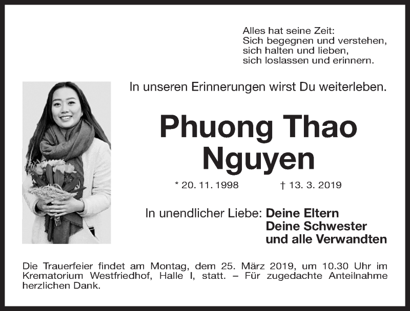  Traueranzeige für Phuong Thao Nguyen vom 22.03.2019 aus Gesamtausgabe Nürnberger Nachrichten/ Nürnberger Ztg.