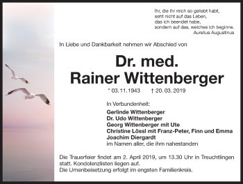 Traueranzeige von Rainer Wittenberger von Weißenburger Tagblatt u.Treuchtlinger Kurier Lokal
