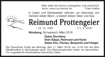 Traueranzeige von Reimund Prottengeier von Gesamtausgabe Nürnberger Nachrichten/ Nürnberger Ztg.