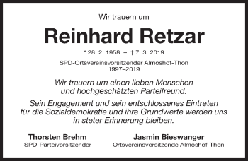 Traueranzeige von Reinhard Retzar von Gesamtausgabe Nürnberger Nachrichten/ Nürnberger Ztg.