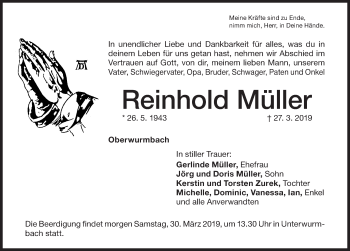 Traueranzeige von Reinhold Müller von Altmühl-Bote Lokal