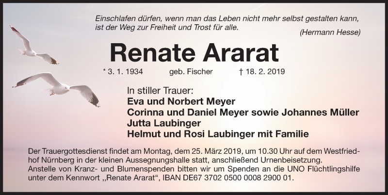  Traueranzeige für Renate Ararat vom 16.03.2019 aus Gesamtausgabe Nürnberger Nachrichten/ Nürnberger Ztg.
