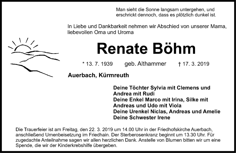  Traueranzeige für Renate Böhm vom 20.03.2019 aus Nordbayerische Nachrichten Pegnitz Lokal