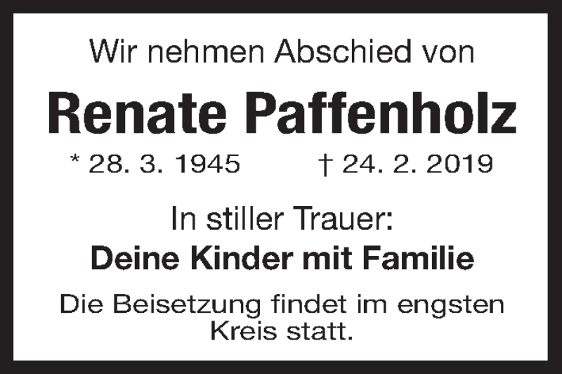  Traueranzeige für Renate Paffenholz vom 02.03.2019 aus Gesamtausgabe Nürnberger Nachrichten/ Nürnberger Ztg.