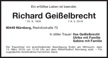 Traueranzeige von Richard Geißelbrecht von Gesamtausgabe Nürnberger Nachrichten/ Nürnberger Ztg.