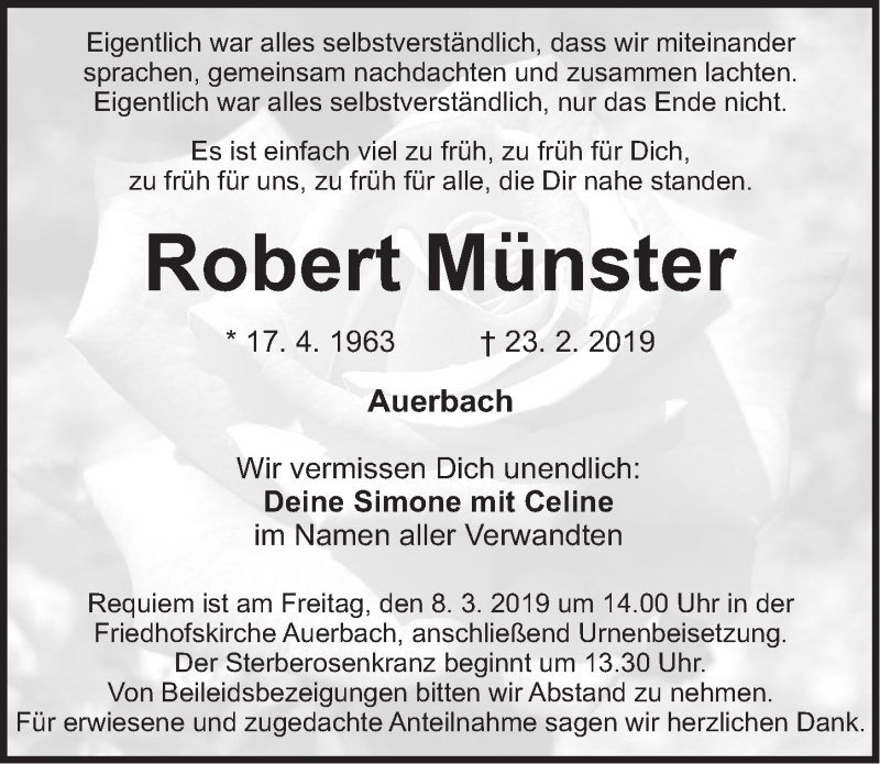  Traueranzeige für Robert Münster vom 02.03.2019 aus Nordbayerische Nachrichten Pegnitz Lokal