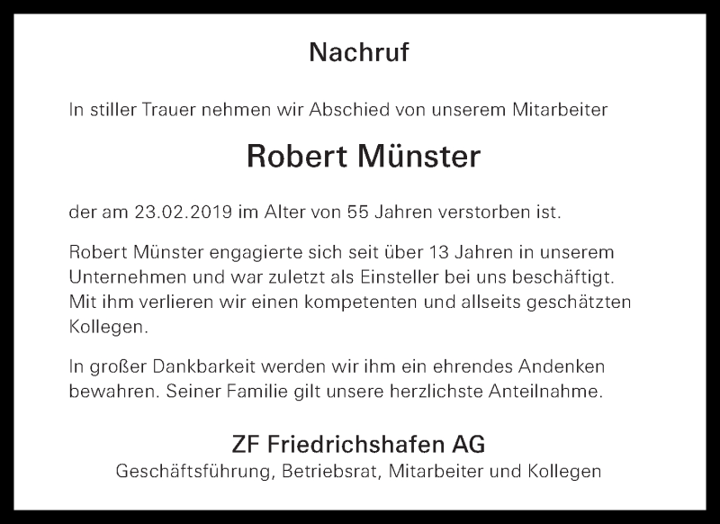  Traueranzeige für Robert Münster vom 09.03.2019 aus Nordbayerische Nachrichten Pegnitz Lokal
