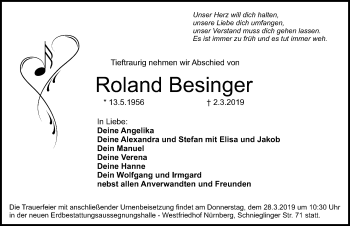 Traueranzeige von Roland Besinger von Gesamtausgabe Nürnberger Nachrichten/ Nürnberger Ztg.