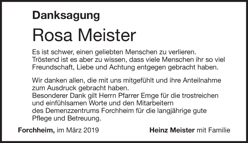  Traueranzeige für Rosa Meister vom 02.03.2019 aus Nordbayerische Nachrichten Forchheim Lokal