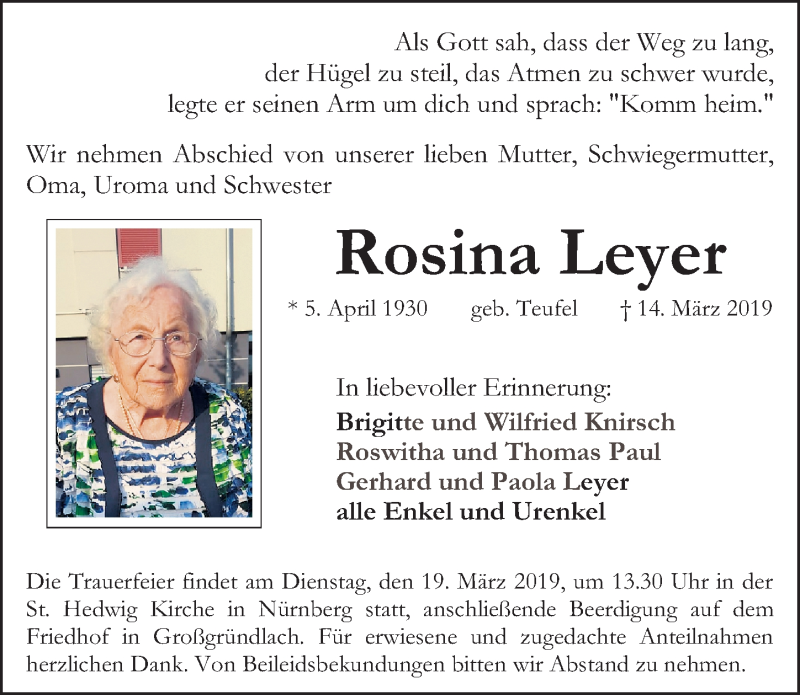  Traueranzeige für Rosina Leyer vom 16.03.2019 aus Gesamtausgabe Nürnberger Nachrichten/ Nürnberger Ztg.