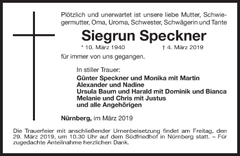 Traueranzeige von Siegrun Speckner von Gesamtausgabe Nürnberger Nachrichten/ Nürnberger Ztg.