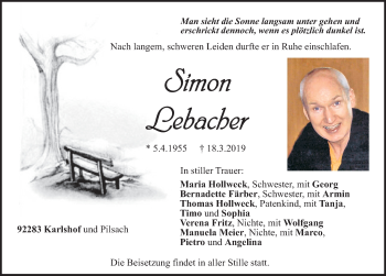 Traueranzeige von Simon Lebacher von Neumarkter Nachrichten Lokal
