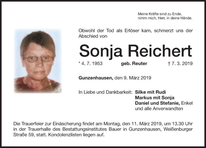  Traueranzeige für Sonja Reichert vom 09.03.2019 aus Altmühl-Bote Lokal