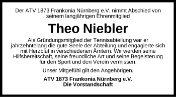 Traueranzeige von Theo Niebler von Gesamtausgabe Nürnberger Nachrichten/ Nürnberger Ztg.