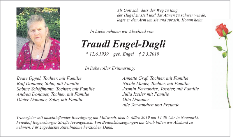  Traueranzeige für Traudl Engel-Dagli vom 05.03.2019 aus Neumarkter Nachrichten Lokal