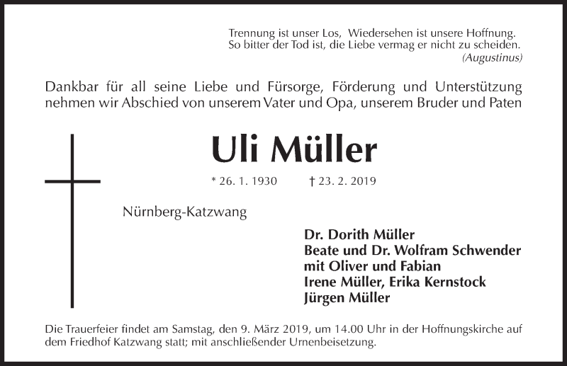  Traueranzeige für Uli Müller vom 02.03.2019 aus Gesamtausgabe Nürnberger Nachrichten/ Nürnberger Ztg.