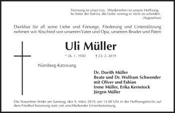 Traueranzeige von Uli Müller von Gesamtausgabe Nürnberger Nachrichten/ Nürnberger Ztg.