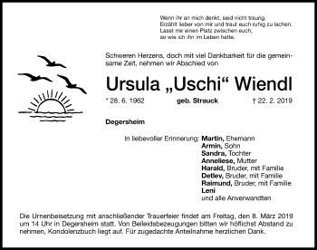 Traueranzeige von Ursula Wiendl von Schwabach
