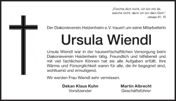 Traueranzeige von Ursula Wiendl von Altmühl-Bote Lokal