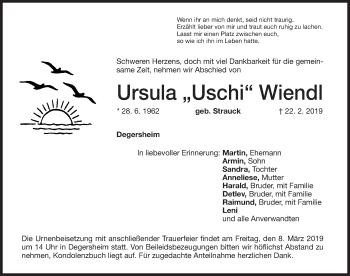 Traueranzeige von Ursula Wiendl von Altmühl-Bote Lokal