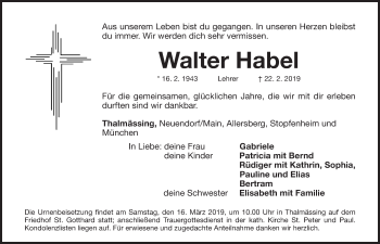 Traueranzeige von Walter Habel von Roth-Hilpoltsteiner Volkszeitung Lokal