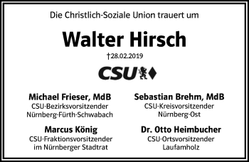 Traueranzeige von Walter Hirsch von Gesamtausgabe Nürnberger Nachrichten/ Nürnberger Ztg.
