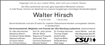 Traueranzeige von Walter Hirsch von Gesamtausgabe Nürnberger Nachrichten/ Nürnberger Ztg.