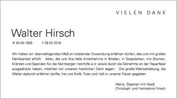 Traueranzeige von Walter Hirsch von Gesamtausgabe Nürnberger Nachrichten/ Nürnberger Ztg.