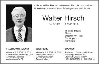 Traueranzeige von Walter Hirsch von Gesamtausgabe Nürnberger Nachrichten/ Nürnberger Ztg.