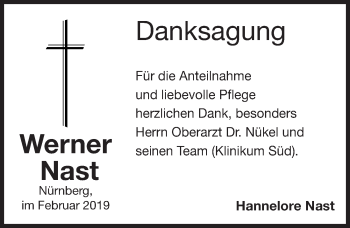 Traueranzeige von Werner Nast von Gesamtausgabe Nürnberger Nachrichten/ Nürnberger Ztg.