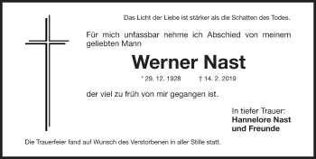 Traueranzeige von Werner Nast von Gesamtausgabe Nürnberger Nachrichten/ Nürnberger Ztg.