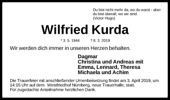 Traueranzeige von Wilfried Kurda von Gesamtausgabe Nürnberger Nachrichten/ Nürnberger Ztg.