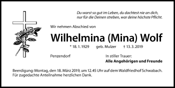 Traueranzeige von Wilhelmina Wolf von Schwabach