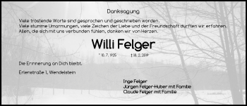 Traueranzeige von Willi Felger von Schwabach