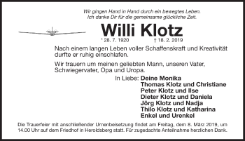 Traueranzeige von Willi Klotz von Gesamtausgabe Nürnberger Nachrichten/ Nürnberger Ztg.