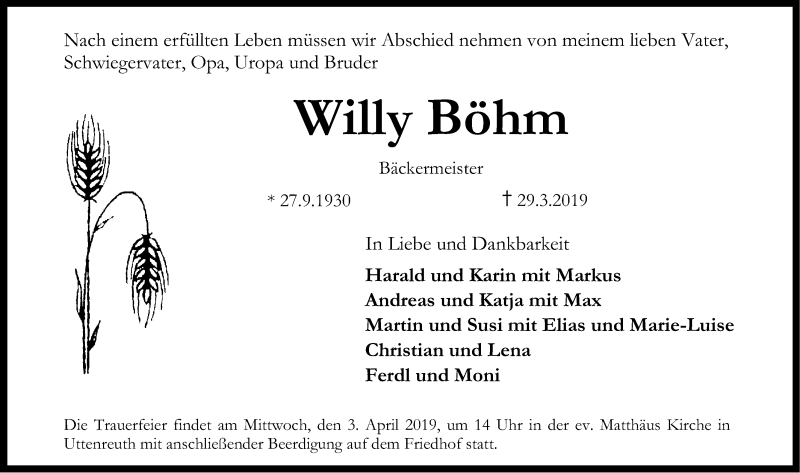 Traueranzeigen Von Willy Böhm | Trauer.nn.de