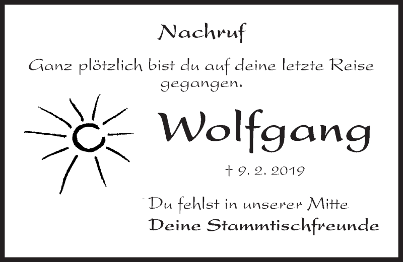  Traueranzeige für Wolfgang  vom 11.03.2019 aus Roth-Hilpoltsteiner Volkszeitung Lokal
