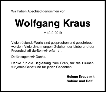 Traueranzeige von Wolfgang Kraus von Schwabach