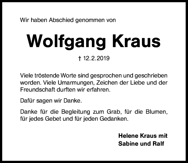  Traueranzeige für Wolfgang Kraus vom 02.03.2019 aus Schwabach