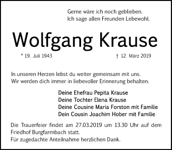 Traueranzeige von Wolfgang Krause von Fürther Nachrichten Lokal
