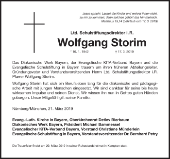 Traueranzeige von Wolfgang Storim von Gesamtausgabe Nürnberger Nachrichten/ Nürnberger Ztg.
