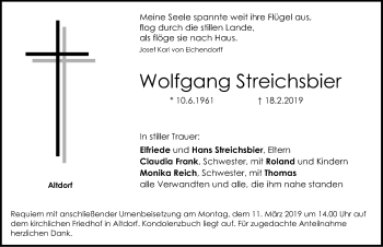 Traueranzeige von Wolfgang Streichsbier von Neumarkter Nachrichten Lokal