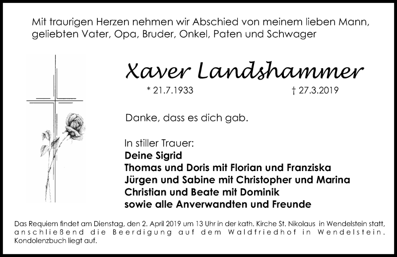  Traueranzeige für Xaver Landshammer vom 30.03.2019 aus Gesamtausgabe Nürnberger Nachrichten/ Nürnberger Ztg.