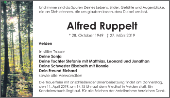 Traueranzeige von Alfred Ruppelt von Nordbayerische Nachrichten Pegnitz Lokal