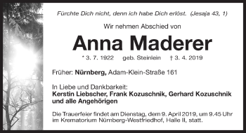 Traueranzeige von Anna Maderer von Gesamtausgabe Nürnberger Nachrichten/ Nürnberger Ztg.